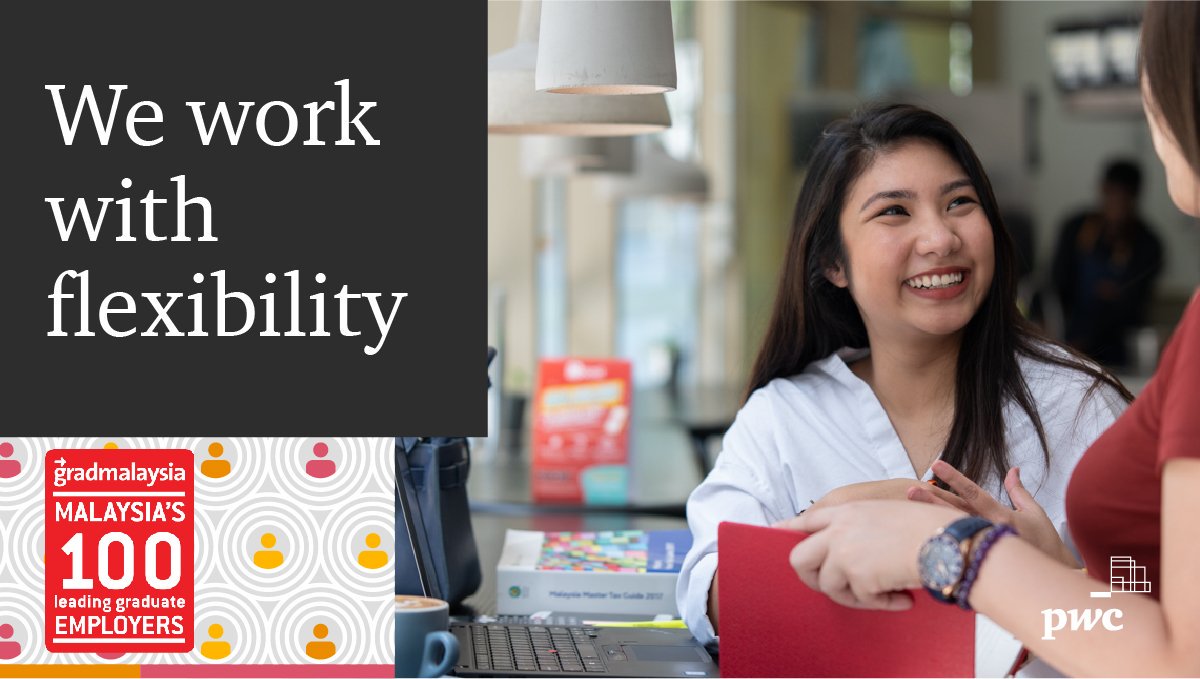 PwC_Malaysia's tweet photo. We work flexibly in and outside of the office. Graduates, do you value flexibility at work? 

Take the M100 survey so that we as employers get to understand your expectations better: https://t.co/ziVPRm7bO5 #MyPwCExperience https://t.co/FbmxvEXeoP
