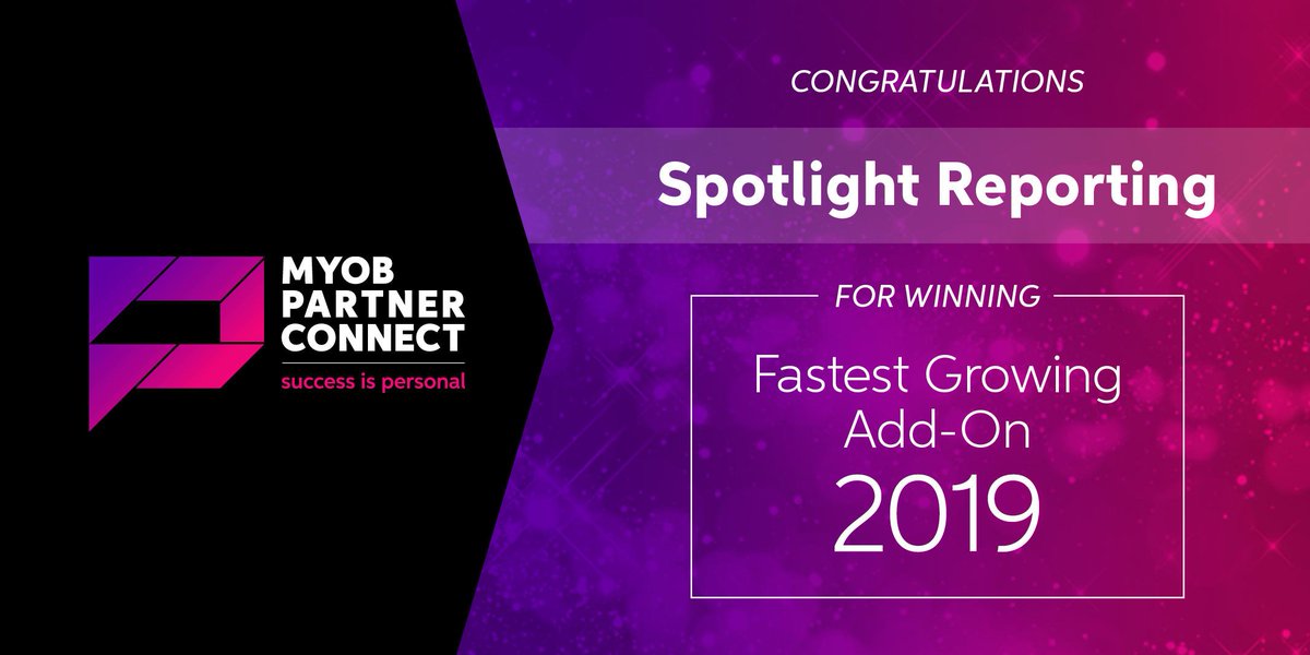 MYOB's tweet photo. Congratulations to @spotlightrepΒ for winning the 2019 Fastest Growing Add-on award! π #MYOBPC https://t.co/1YkdsBHZ4a
