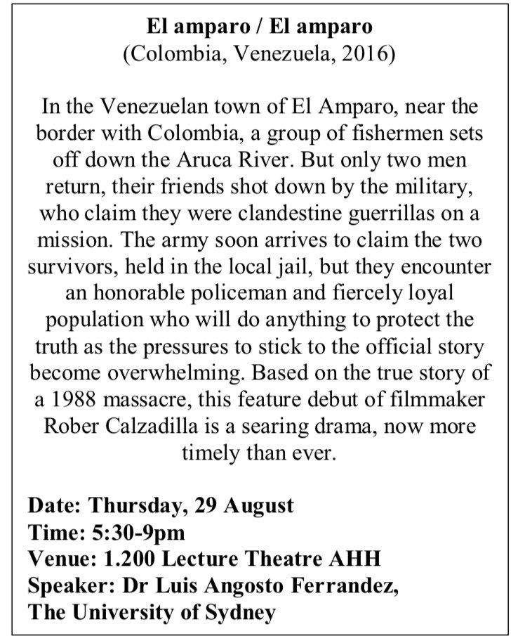 EmbaVenezAu's tweet photo. La Embajada de la República Bolivariana de #Venezuela en #Australia tiene el honor de invitarlos a la proyección de la película venezolana  “El Amparo” basada en la tragedia de 1988 del Director Rober Calzadilla. Lugar: Universidad de Sydney, jueves 
29 de agosto a las 5:30 pm. https://t.co/9vaK139mRI