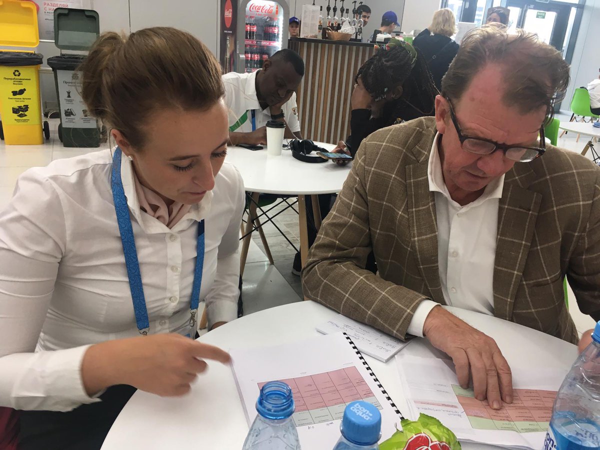 ROCvA's tweet photo. Alweer de allerlaatste wedstrijddag. Met begeleider Paul neemt Nohèlis de laatste opdracht nog even grondig door. En de pasta van Jasper gisteren? Die zag er goed uit! Jammer dat we niet mochten proeven 😋 #teamnl #worldskillskazan2019 https://t.co/2go67zTYY6