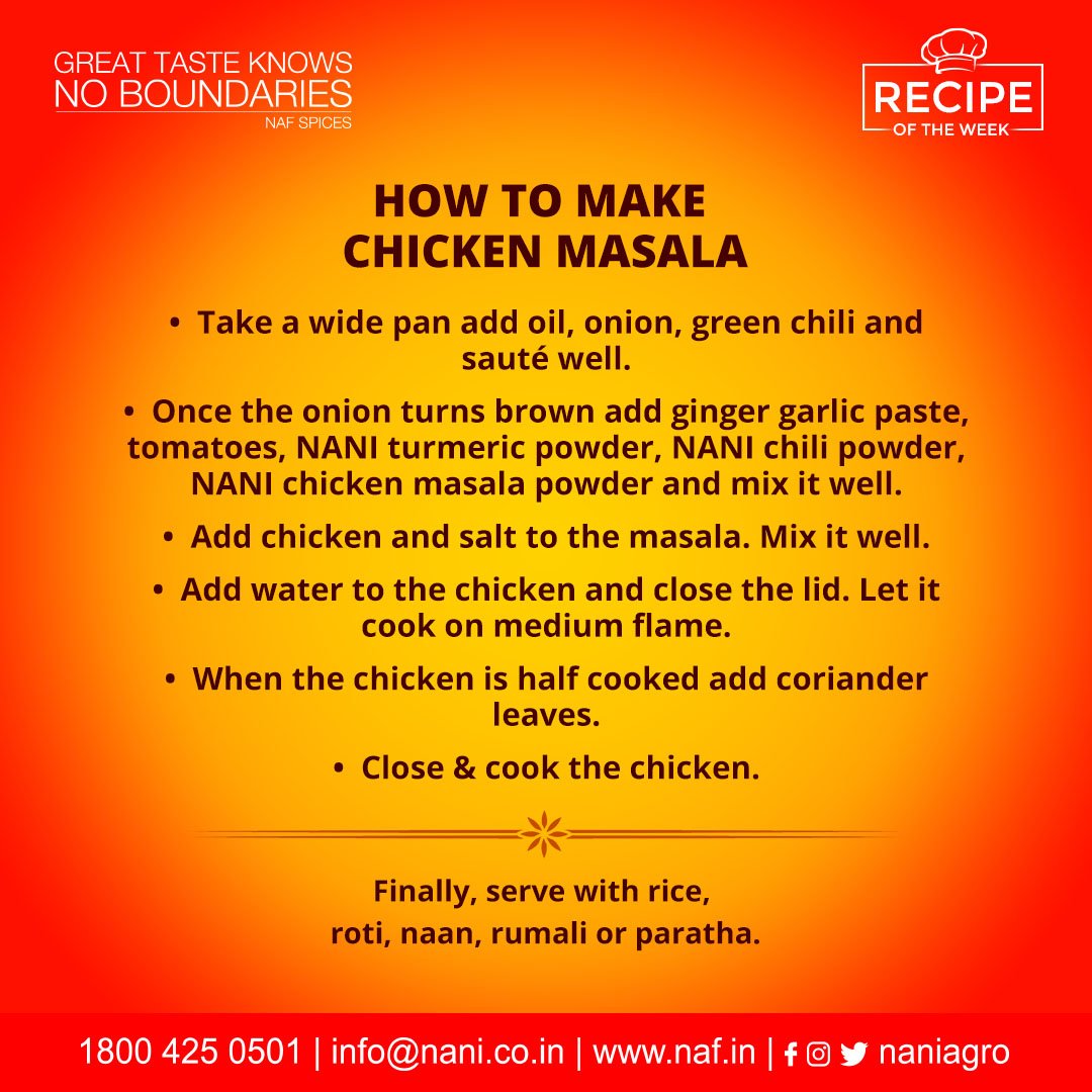 naniagro's tweet photo. Recipe of the week: Chicken Masala
Prep Time: 10 mins
Cooking Time: 40 mins
Servings: 8 pax

#naniagrofoods #greattasteknowsnoboundaries #flavoursofindia #monsoonrecipes #chickenmasala #chickenmasalapowder #masalapowder #indianrecipe #food #spicy #homemade #nonveg #yummy #India https://t.co/bJyPwfVIlC