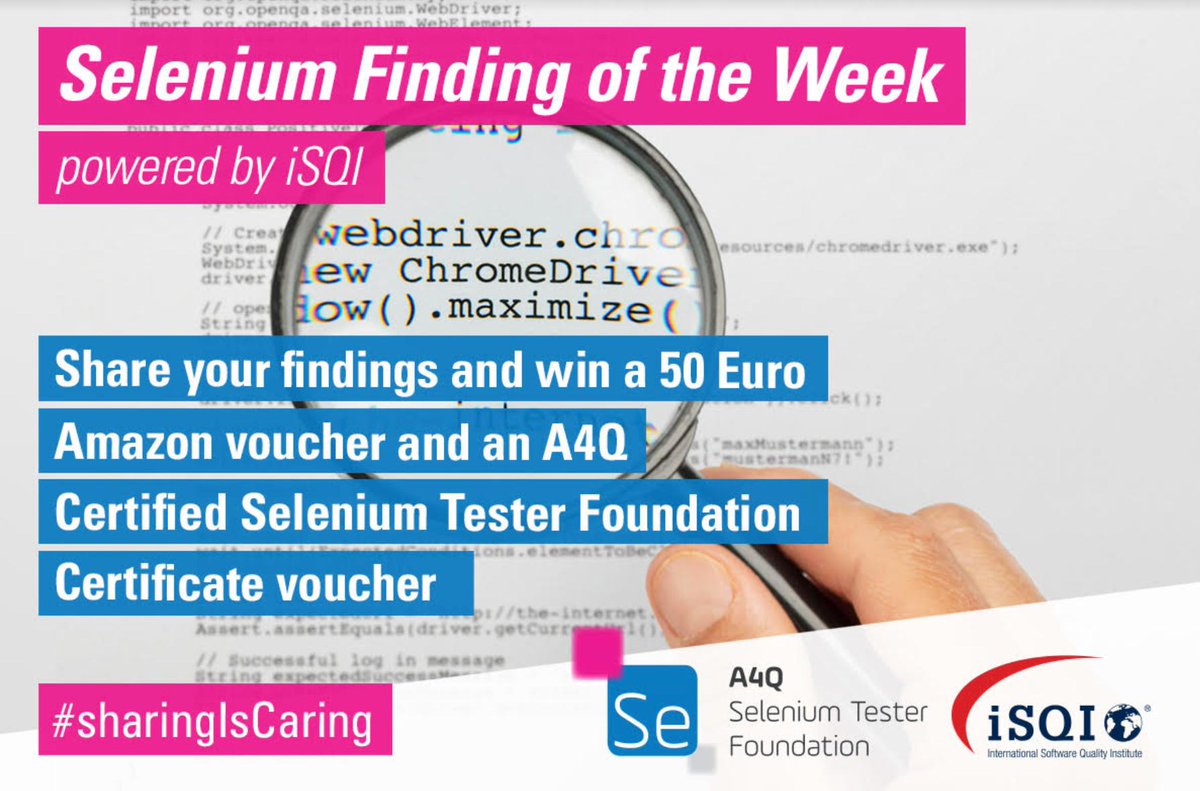 RudolfGroetz's tweet image. Win one in three €50.00 Amazon vouchers along with an iSQI Certification voucher for the A4Q Certified Selenium Tester worth €200.- Send us your favorite @SeleniumHQ code snippet or video - bit.ly/2TUODeg  #SeleniumFindingOfTheWeek is powered by @iSQICert and #atamV