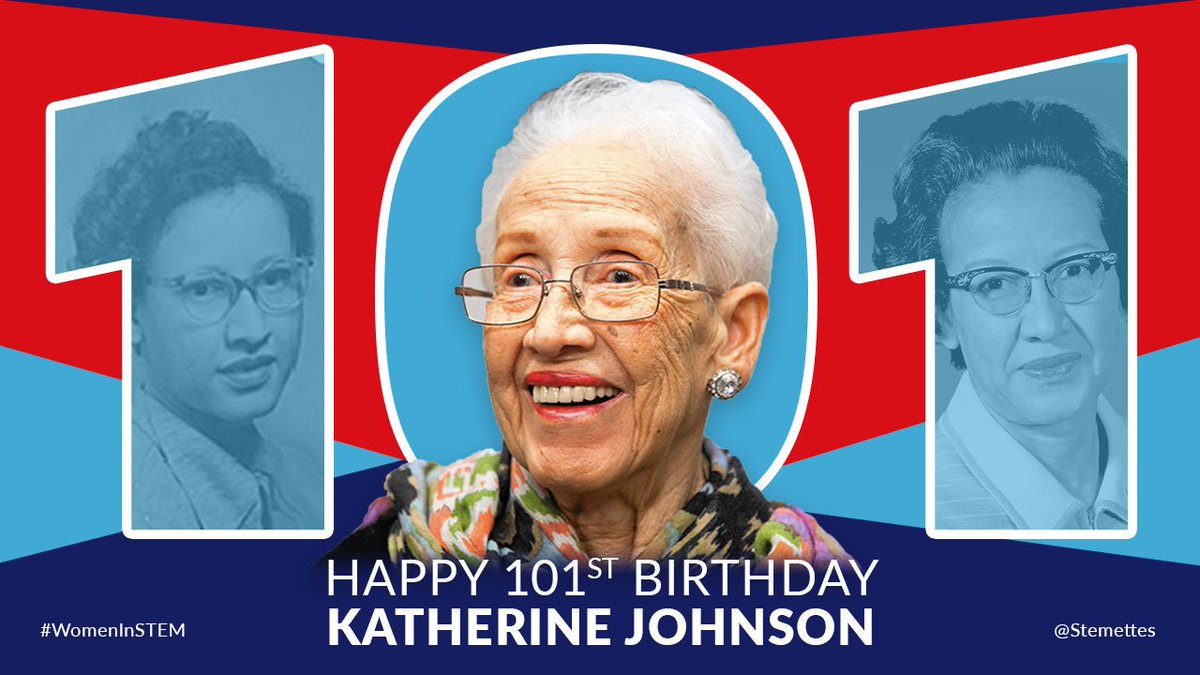 Stemettes's tweet photo. Happy 101st Birthday Katherine Johnson! 🙌✨

Mathematician, @NASA human computer, aerospace pioneer #TeamStemette wishes Katherine Johnson a very happy 101st Birthday! #Happy101Katherine 🎂🚀

#WomenInTech
#WomenInSTEM https://t.co/mm280QTgSx