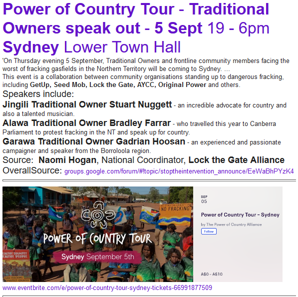 WgarNews's tweet photo. #PowerOfCountryTour - #TraditionalOwnersSpeakOut '#HearDirectlyFromPeople on #theFrontline of #Fracking in #NT' 5Sept #Sydney: https://t.co/rR2JrmeLQT
#WGARmob #WGARcompilation #FirstNationsHumanRights #FrackFreeNT #fossilfreeNT #AboriginalRights 26Aug19: https://t.co/hLJb4XIqQ5 https://t.co/V09WMtLCuw