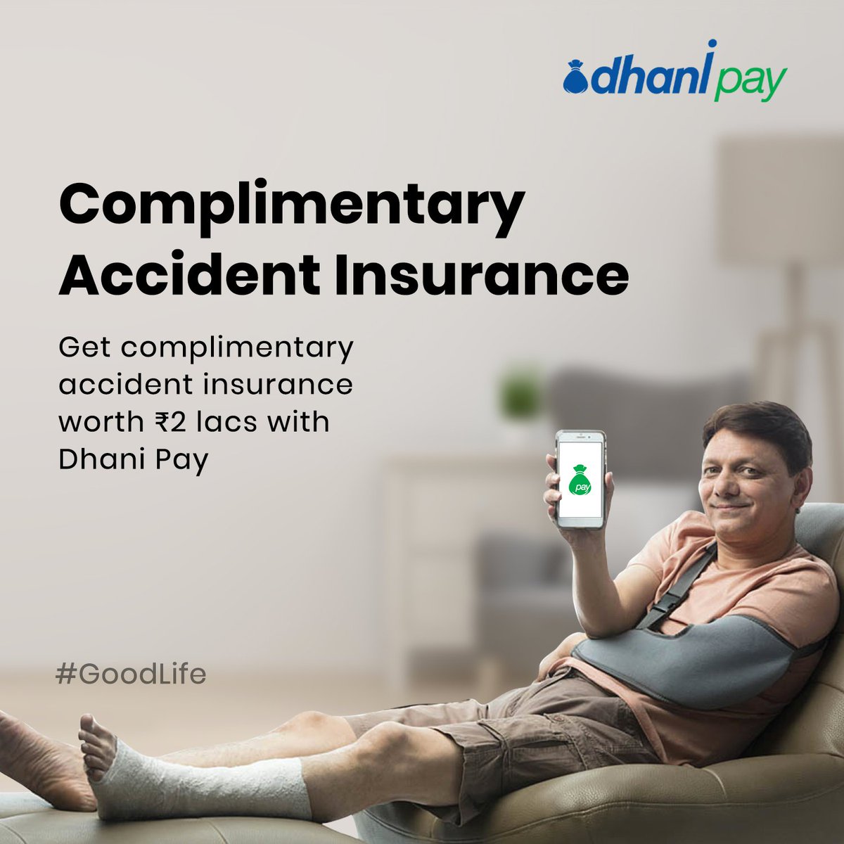 Your entertainment + Safety + Insurance! Upgrade to the #GoodLife with Dhani Pay at nudg.in/dhpy  and get complimentary accident insurance worth ₹2 Lacs. Download the app and open your gateway to numerous benefits.