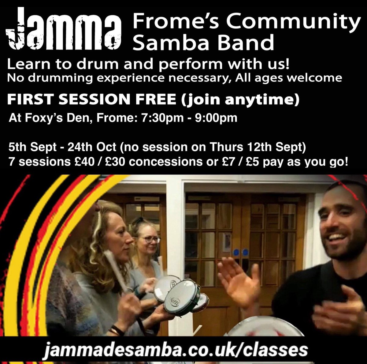 JammaDeSamba's tweet photo. Join the Frome Community Samba Band starting next Thursday 5th September! #trysomethingnew #communitysamba #fromesamba https://t.co/3FmqRbCIG9