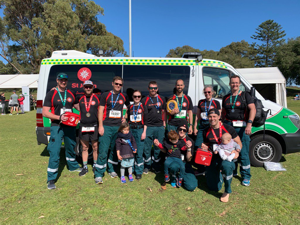 stjohn_wa's tweet photo. Some of our phenomenal paramedics ran for the Perth City to Surf event this weekend, carrying defibrillators to help raise awareness of our Community First Responder program. 🏃🏄 Thank you to everyone involved! 😍 #perthcitytosurf #perthcitytosurf2019 https://t.co/vVHUGq7hCh