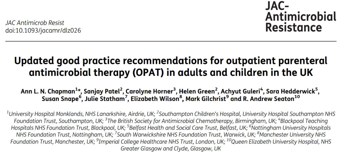 ABsteward's tweet photo. NEW 🔥🔥🔥#JACAMR
Updated good practice recommendations for outpatient parenteral antimicrobial therapy (OPAT) in adults and children in the UK. @BSACandJAC @raseaton66 @MGilchrist123 @doctorsanjay
#opat @eopat @AntibioticLeeds https://t.co/IPSD66XlzY https://t.co/YnacwUUEzS