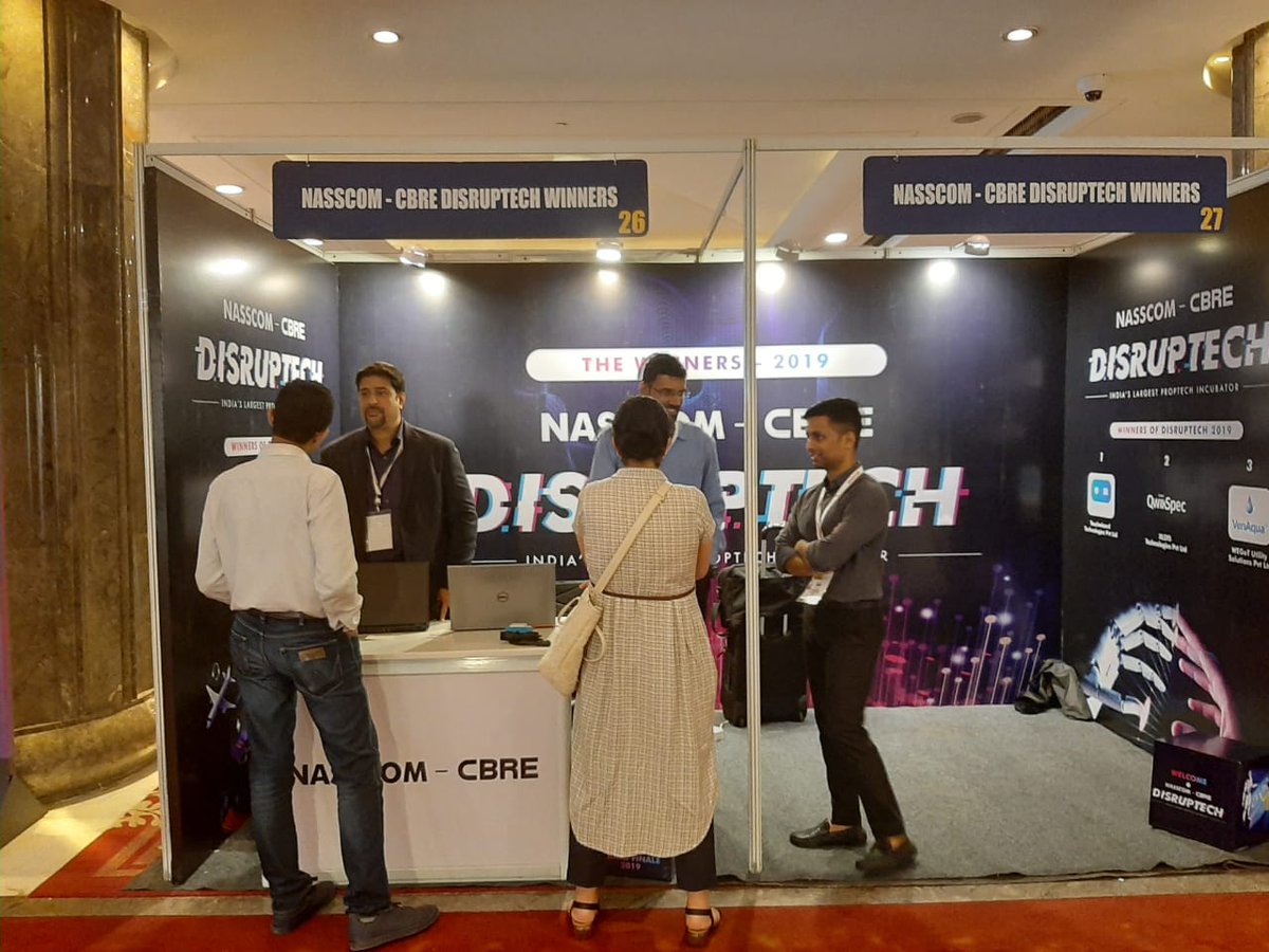 CBRE_India's tweet photo. The #InnovatorsofPropTech (@propvr, @qwikspec25 & @venaqua_in) interact with the visitors at #NATC2019 illustrating how their #innovative solutions will make a difference in the #RealEstate industry
@NasscomEvents #DisrupTech2019 https://t.co/3H2mxEoyrn