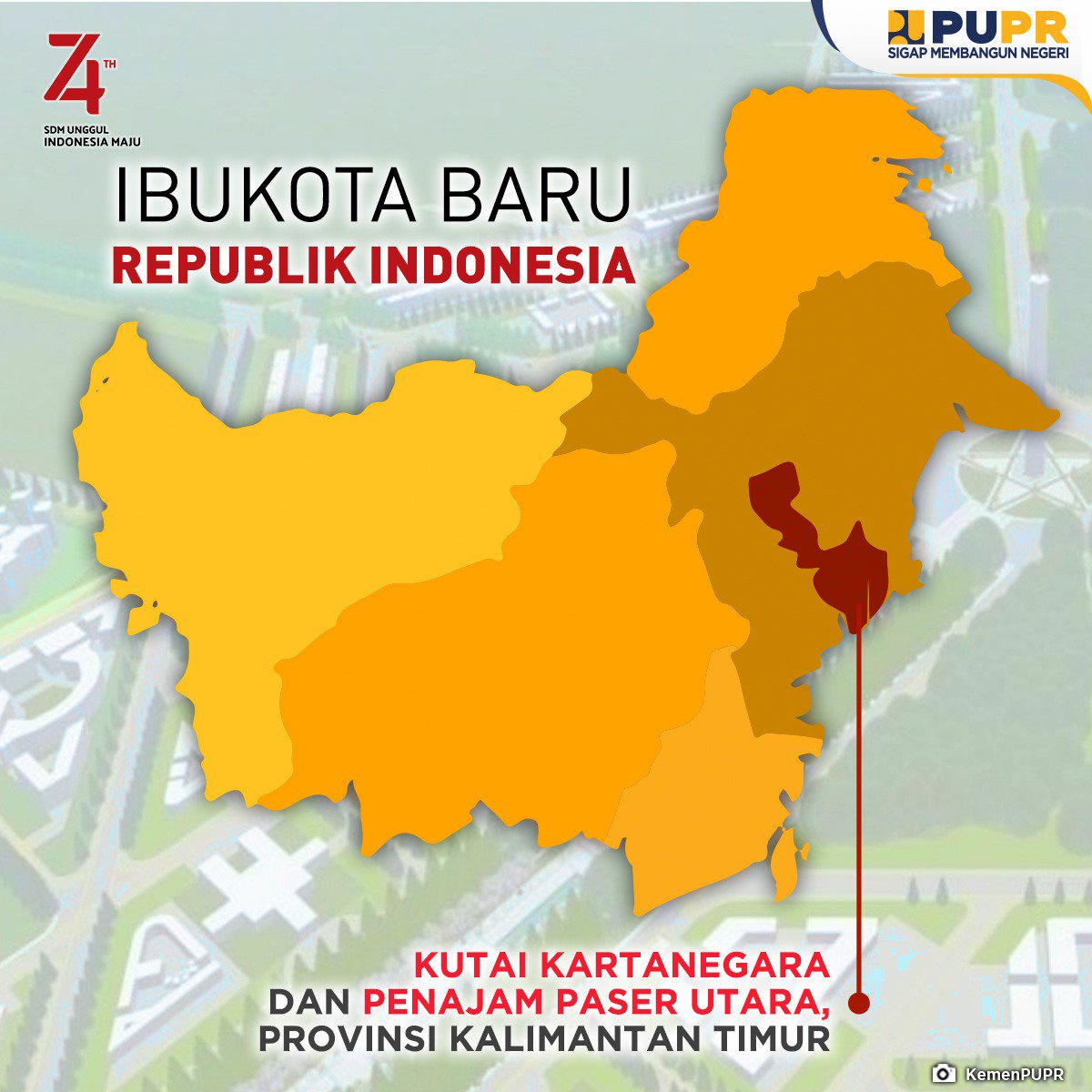 KemenPU's tweet photo. Presiden @jokowi umumkan Ibu Kota yang baru di Propinsi Kalimantan Timur yaitu sebagian di Penajam Paser Utara dan Sebagian Kutai Kartanegara #IbuKotaBaru https://t.co/jpy5DxboSX