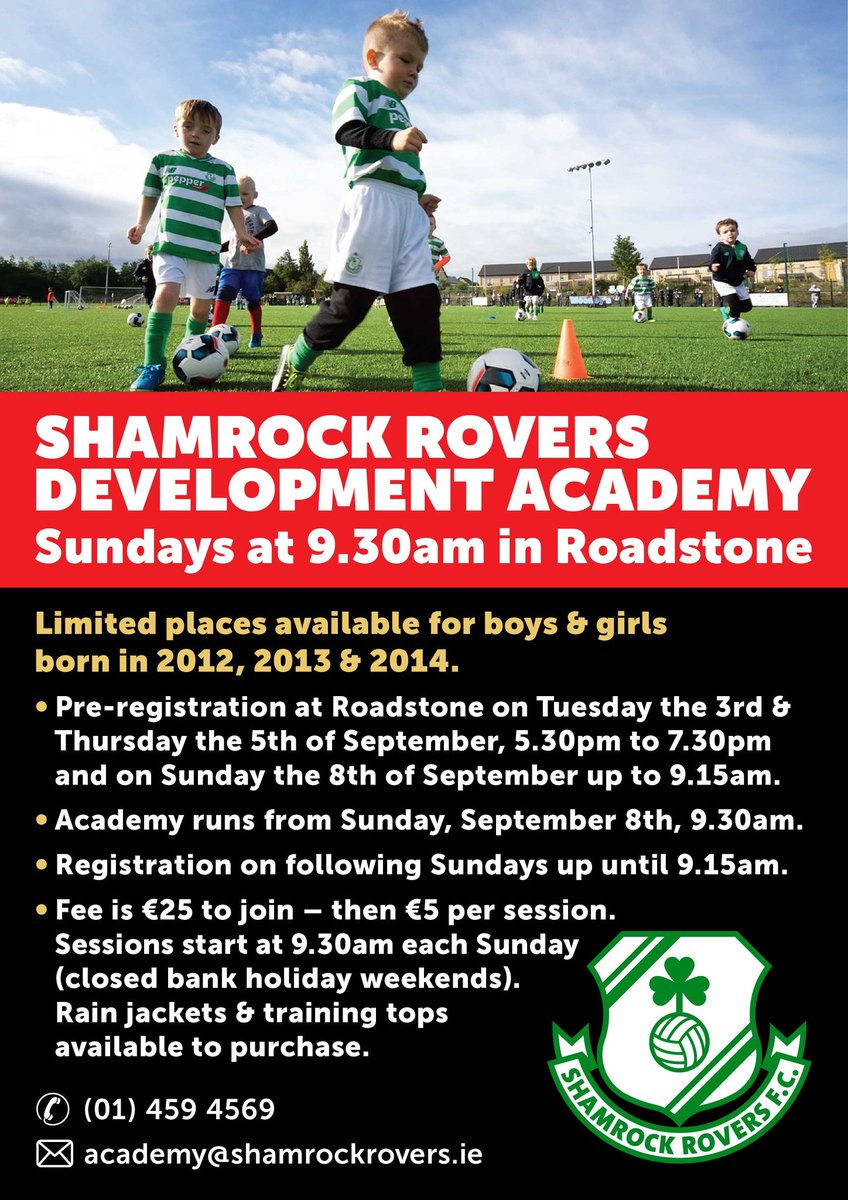 ShamrockRovers's tweet photo. Our Development Academy will return on Sunday 8th Sept with pre registration on Sept 3rd and 5th. Open to all girls and boys born 2012-2014 #FunAndFootball https://t.co/IBOkbYwI50