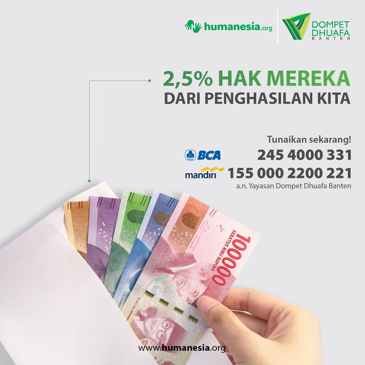 humanesia_org's tweet photo. Sahabat, setiap rizki dari harta yang kita nikmati, ada hak orang lain yang harus kita beri sesuai ketetapan Ilahi.

Tunaikan sekarang!

BNI Syariah 9999 2525 8
Mandiri 155 000 2200 221
BCA 245 4000 331

a.n. Yayasan Dompet Dhuafa Republika

#humanesia https://t.co/yvBRF7wKJC
