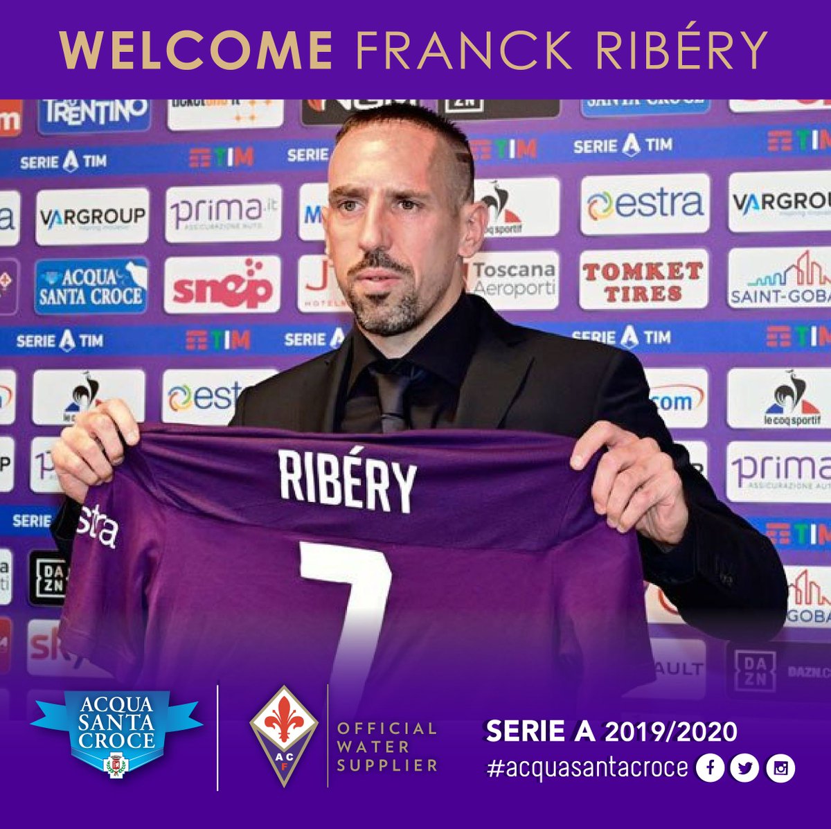 SantaCroceAcqua's tweet photo. 💜 Welcome FRANCK RIBÉRY 💜

Acqua Santa Croce: Official Water Supplier Acf Fiorentina
Campionato di Calcio Serie A 2019/2020

#QuestaÈFirenze #ForzaViola ⚜️ #WelcomeLegend
#acquasantacroce #FRANCKRIBÉRY https://t.co/r7i5RJ9Rvs