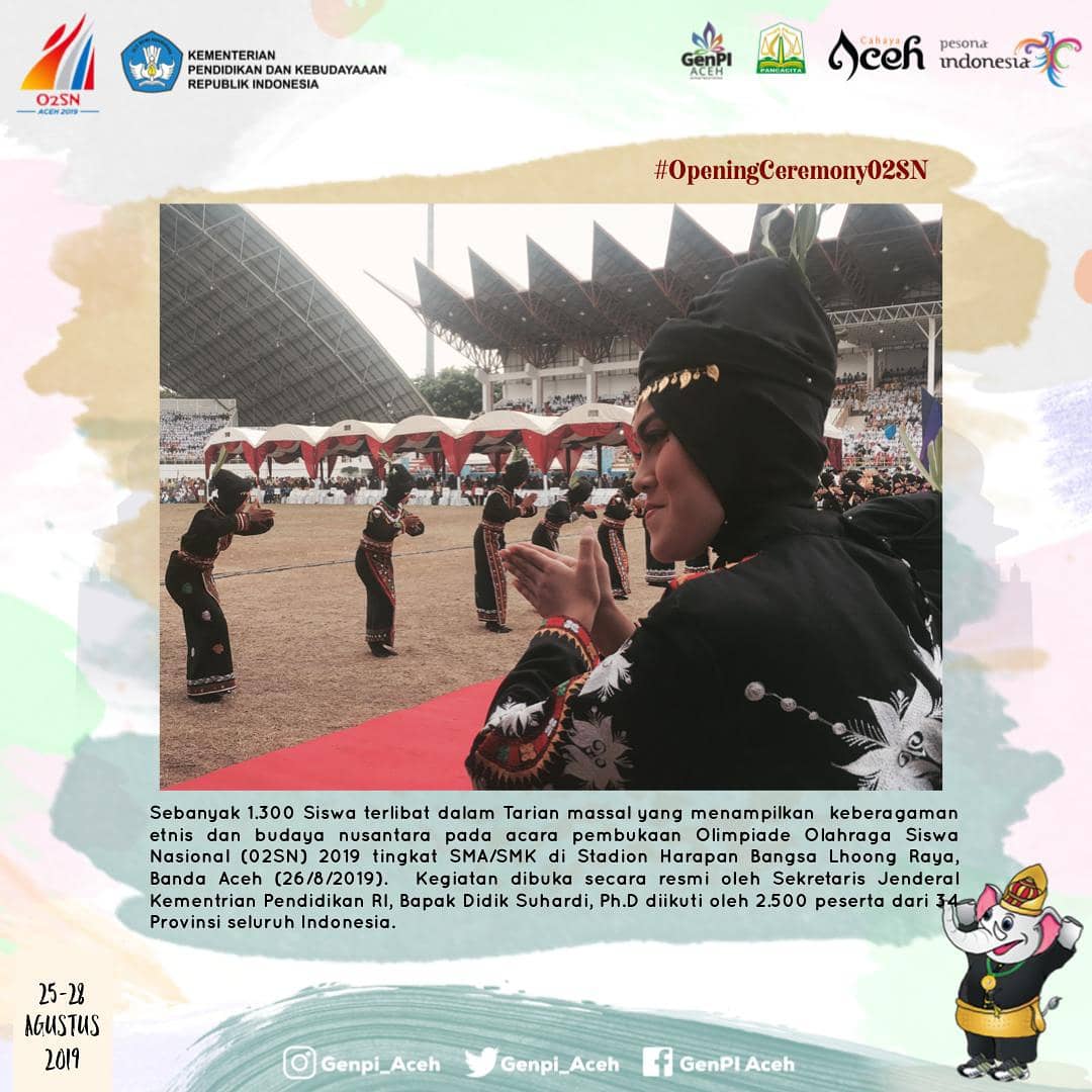 ZianMustaqin's tweet photo. Krue Seumangat!!!.
.
Sebanyak 1.300 Siswa terlibat dalam Tarian massal yang menampilkan  keberagaman  etnis dan budaya nusantara pada acara pembukaan Olimpiade Olahraga Siswa Nasional (02SN) 2019 tingkat SMA/SMK di Stadion Harapan Bangsa Lhoong Raya, Banda Aceh. 
#O2SN2019 https://t.co/ANolTWYA0N