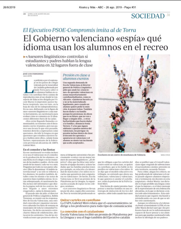 pablocasado_'s tweet image. Imitando a Torra en Cataluña, los socialistas permiten en Valencia que se vigile la lengua en la que hablan los alumnos en el recreo o en el comedor 👉 Rechazamos el adoctrinamiento, apostamos por la libertad y una Ley de lengua que garantice el castellano como lengua vehicular.