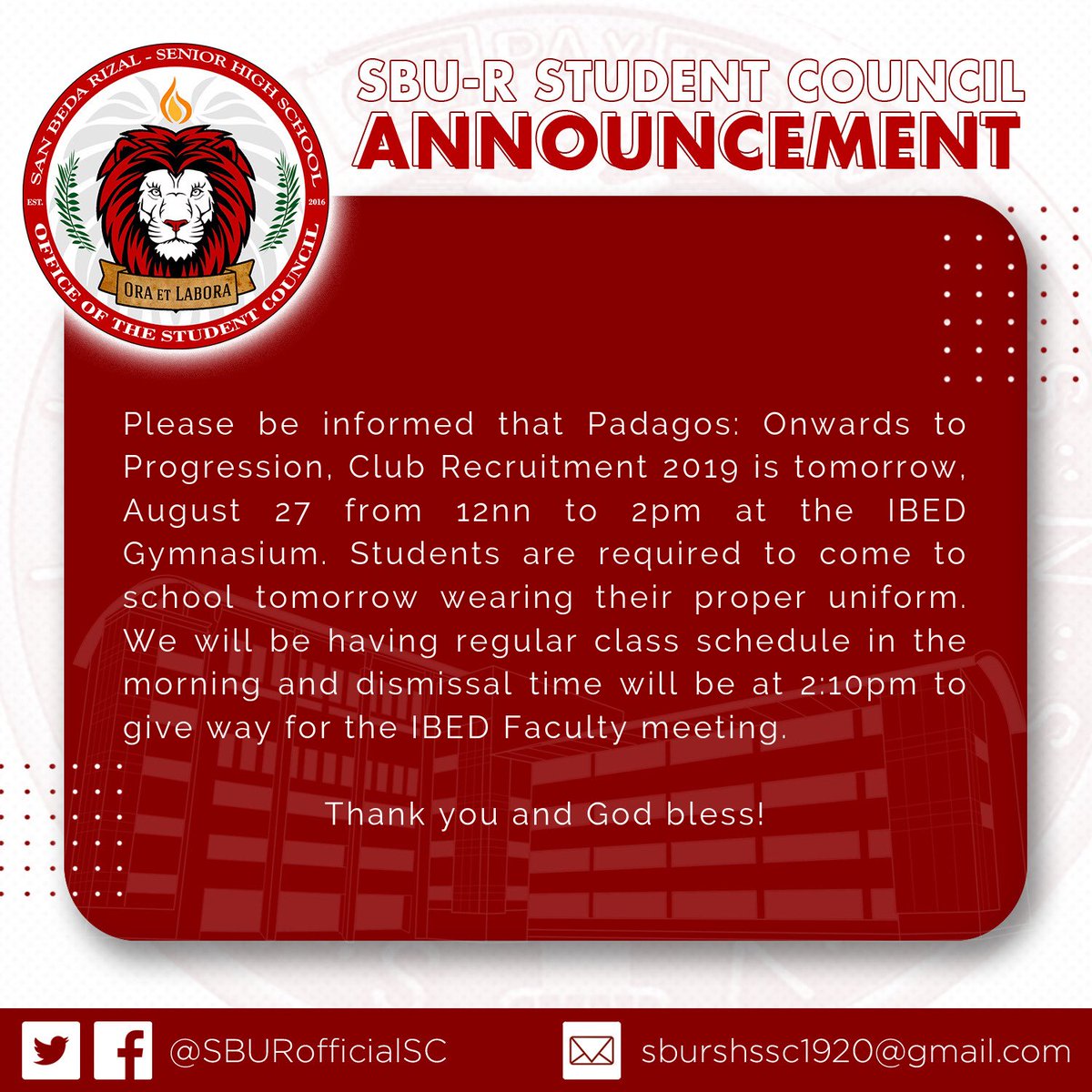 SBURofficialSC's tweet photo. ‼️ Announcement from the Office of the Student Council ‼️
Please be guided accordingly. #Padagos ⛵️ https://t.co/b4V4wk9dbI