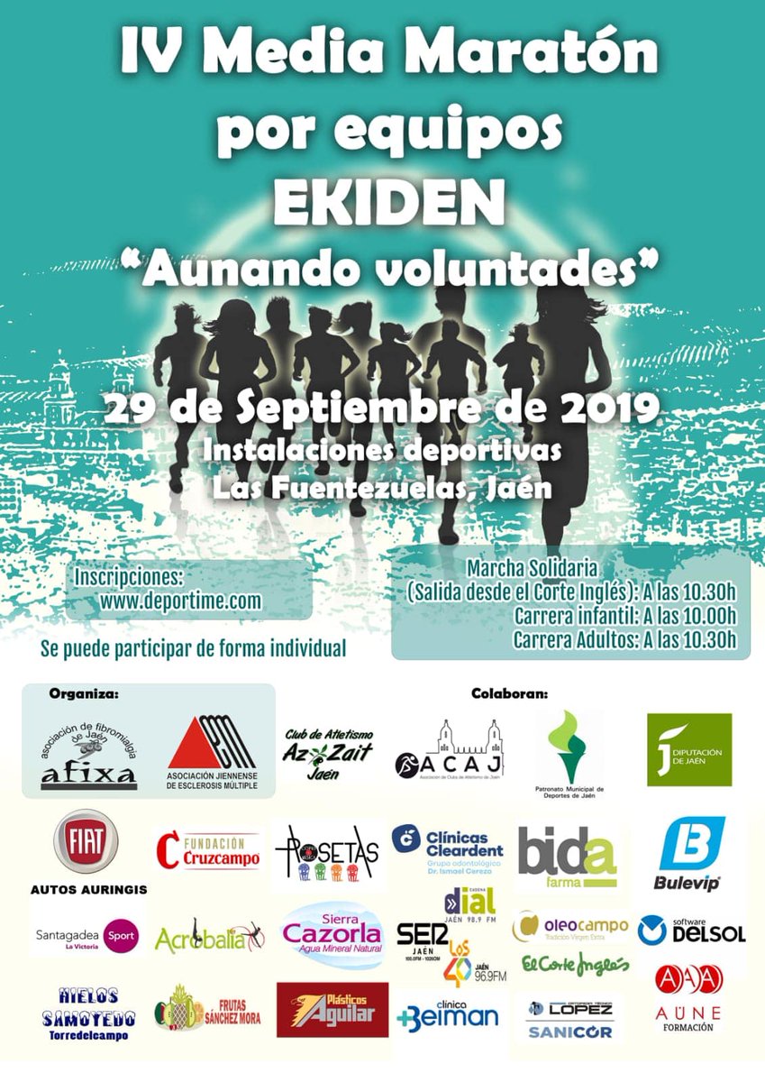¡¡Buenos Días!!
🗣️🗣️El 29 de sept se celebra en #Jaén la #IVMediaMaratón por equipos #EKIDEN

No sería posible sin nuestros colaboradores que iremos dando a conocer en estos días.

↪️↪️↪️No olvides apuntaros!! 🏃‍♀️🏃‍♂️🏃‍♂️
deportime.com/inscripciones/…