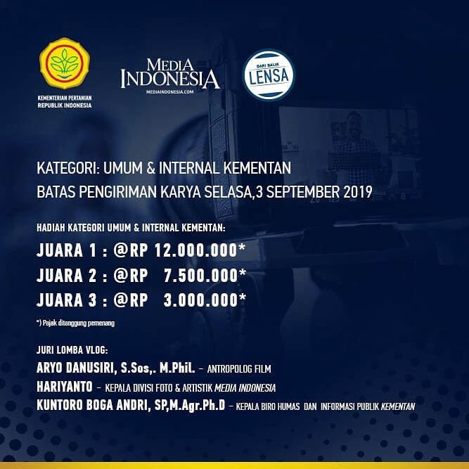 Komunitas Fotografi <a href="/DariBalikLensa/">Dari Balik Lensa</a> Bersama <a href="/kementan/">Kementerian Pertanian RI</a> Mengadakan Lomba Vlog Instagram "Indonesia Menuju Lumbung Pangan Dunia". Lihat informasi serta syarat dan ketentuan selengkapnya di bit.ly/kategoriumumvl… #DariBalikLensa #VlogLumbungPanganDunia #PanganUntukNegeri