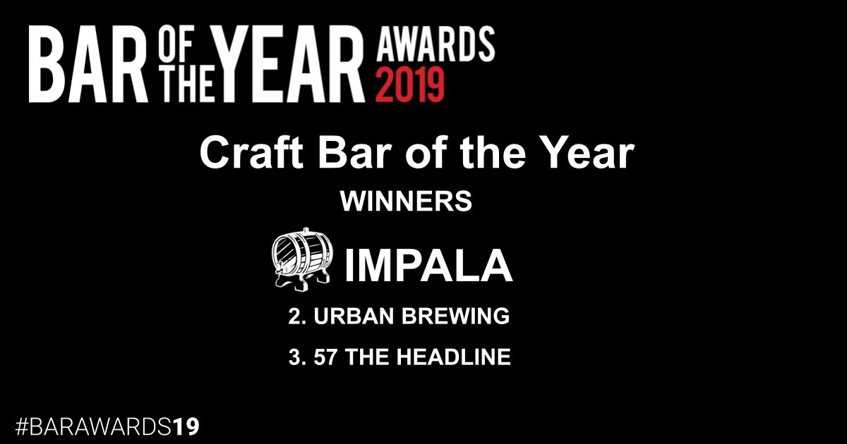 We are delighted to congratulate <a href="/ImpalaCork/">Impala, Cork</a> as winner of this year's Craft Bar of the Year award!

Congratulations also to the runners up, <a href="/ubrewingdublin/">Urban Brewing</a> for silver, and @57theheadline for bronze!

Check out the winners here: buff.ly/31XnJoP

#barawards19
