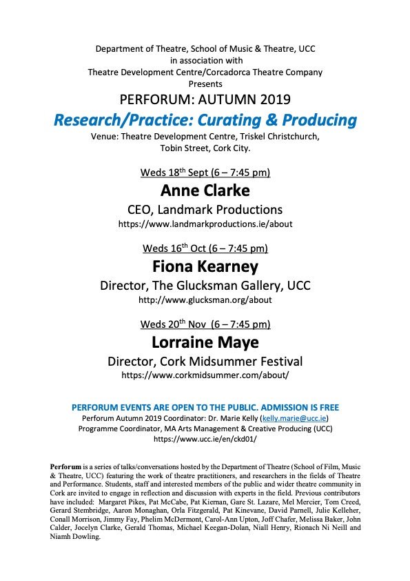 ucccreates's tweet photo. #Perforum events for Autumn 2019 announced! @TheatreUCC and @ucccreates in assoc with @TDCCork @CorcadorcaCork present Anne Clarke CEO @LandmarkIreland, @fionakearney Director @glucksman, @LorraineMaye Director @CorkMidsummer Amazing lineup! #theatre #performance #research @UCC https://t.co/oRW0EEKi5b