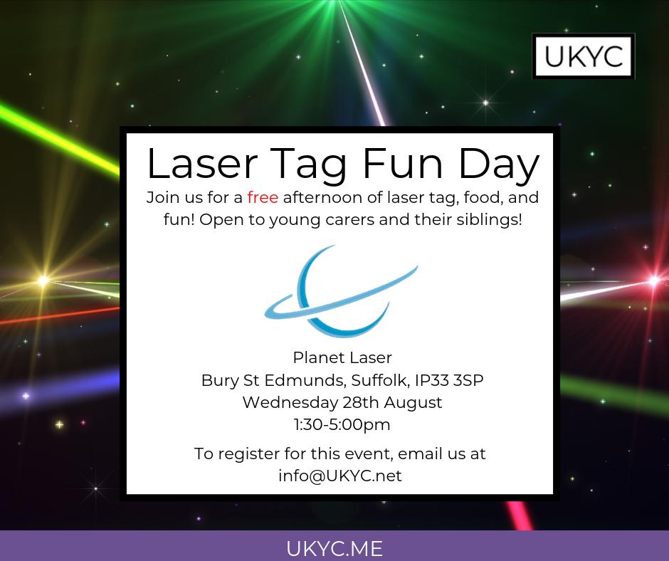 Today is the last day to sign up for our Laser Tag Fun Day! 😆 This FREE event is open to all young carers and their siblings. Sign up today to reserve your spot by emailing us at info@UKYC.net #youngcarers #carersuk #lasertag #UKYC
