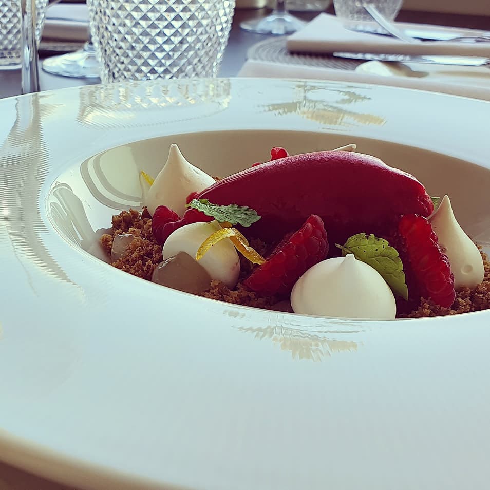 New dessert on the ALC menu, Rasperry sorbet, lemon, pink peppercorn meringue, #dessert raspberry #headchef #chefstalk #cheflife #chefstagram #chef #bibgourmand2019  #bibgourmand #michelinguideuk #michelin #AA #AAguide #aarestaurantguide #1rosette #2rosettes #michelinguidefood