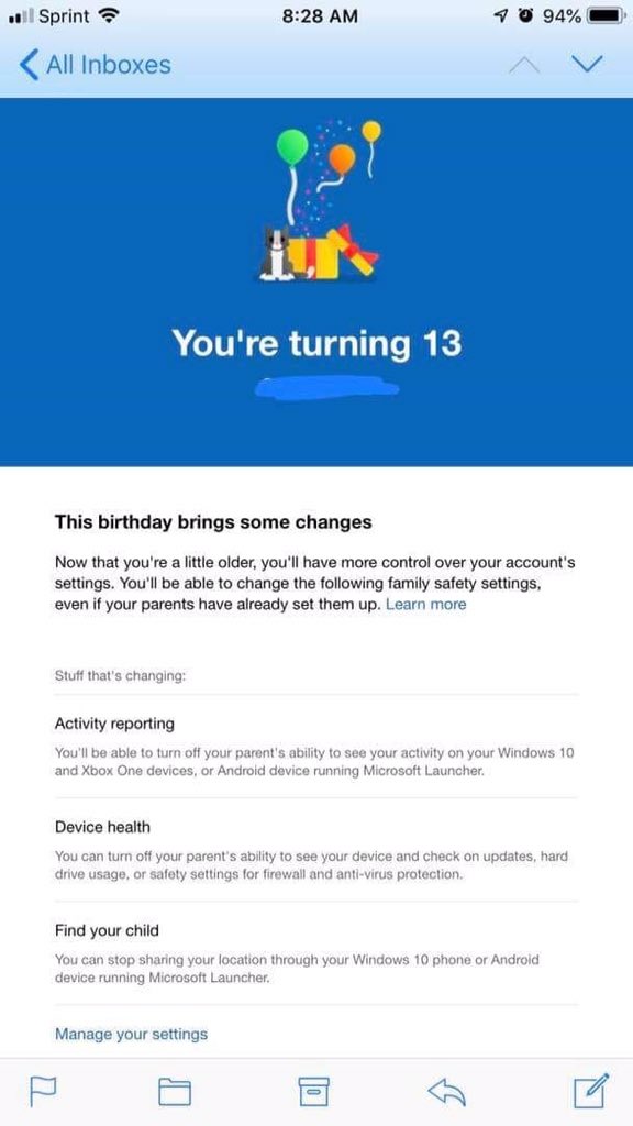 PinionProject's tweet photo. For Parents 're Microsoft Family Safe: .... after 13 years old, not so safe. Microsoft instructing teens how to turn off parental monitoring! This is a screenshot of a message a child received from Microsoft on her 13th birthday. See the fine print. #InformAndProtect https://t.co/3jk5v6JDFu