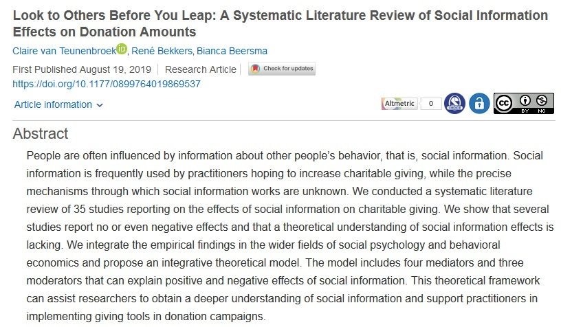 NEW in <a href="/NVSQuarterly/">NVSQ Journal</a>: People are influenced by the #donation behavior of others (i.e. social information), but why &amp; when? The article written with <a href="/renebekkers/">Rene Bekkers</a> &amp; Bianca Beersma explores the effectiveness of social information as a charitable stimulant   journals.sagepub.com/doi/pdf/10.117…