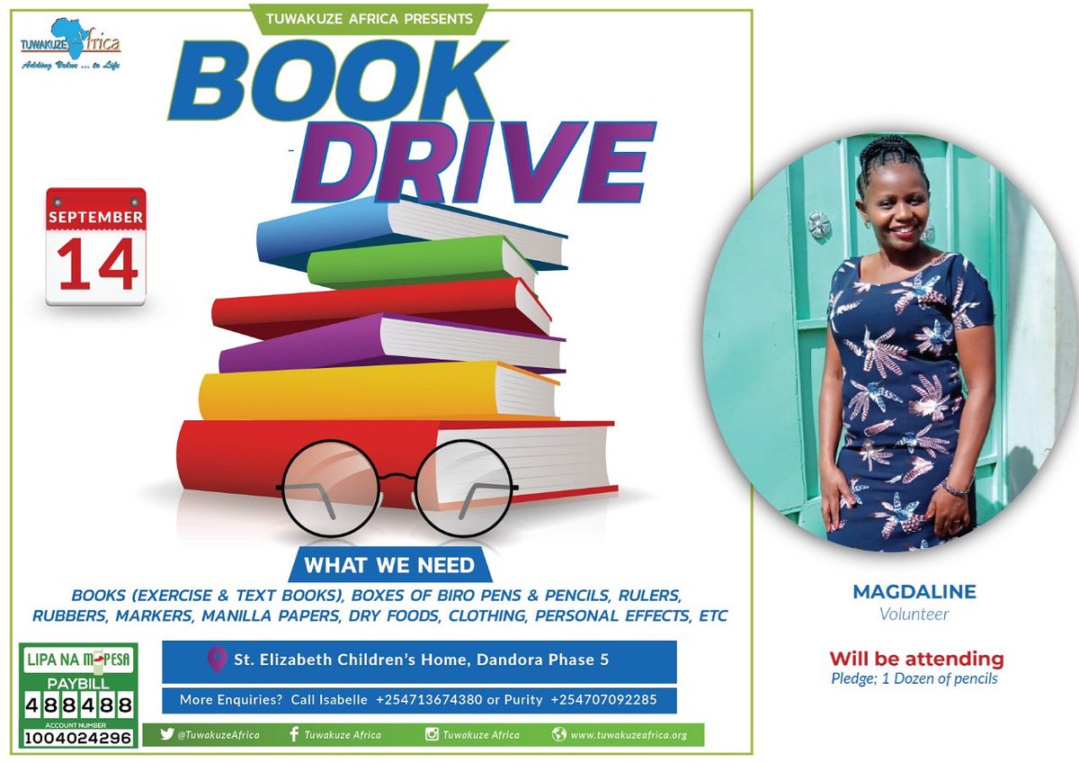 TuwakuzeAfrica's tweet photo. Thank you to yet another new but very active volunteer, Magdalene. Asante sana for your generous contribution. We are because of you.
The Bookdrive will take place on September 14th, 2019. All are welcome.
#AddingValueToLife #BookDrive2019 #WeAreTuwakuzeAfrica https://t.co/MVOtO87Nun