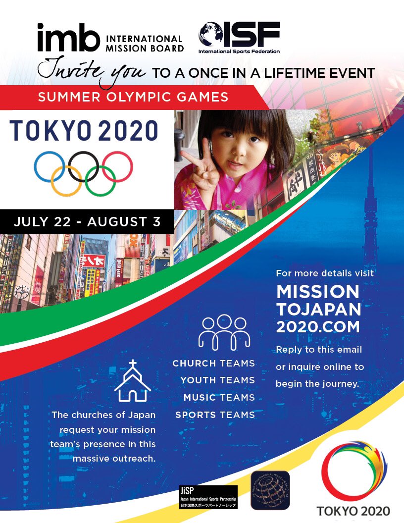 missionolympics's tweet photo. Next year’s extraordinary Olympic Games in Tokyo Japan - Will you be there? 
Come and serve and make a difference in the lives of thousands.. visit https://t.co/I14ZQ9hyXA #ISF #sportsmissions #tokyo2020 #everynationonelocation #imb https://t.co/L0iLXx0aTk