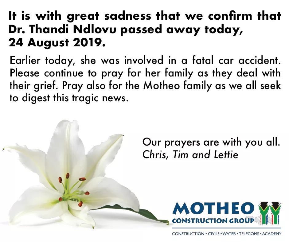 Interim_C's tweet photo. Our condolences to the Ndlovu family and the entire Motheo Group, An inspirational women leader whose name will live on forever our hearts. It was her soul that touched us all #RIPThandiNdlovu https://t.co/5Zspf8LOWd