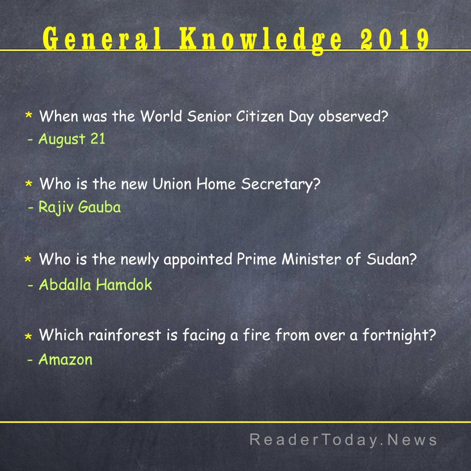 ReaderTodayNews's tweet photo. Current General knowledge 2019

#ReaderToday #GeneralKnowledge #2019 #GK #india https://t.co/JMSorZBbIn