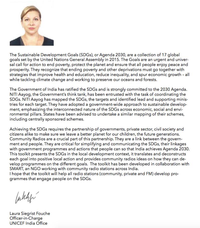 ngo_smart's tweet photo. Laura Siegrist Fouche of @UNICEFIndia writes the partnership of #CommunityRadios is essential for achieving #SDGs. "They are critical for simplifying and communicating the SDGs, their linkages with government programmes and actions so that India achieves @SDG2030."
#SDGToolkit https://t.co/hTeq6025PJ