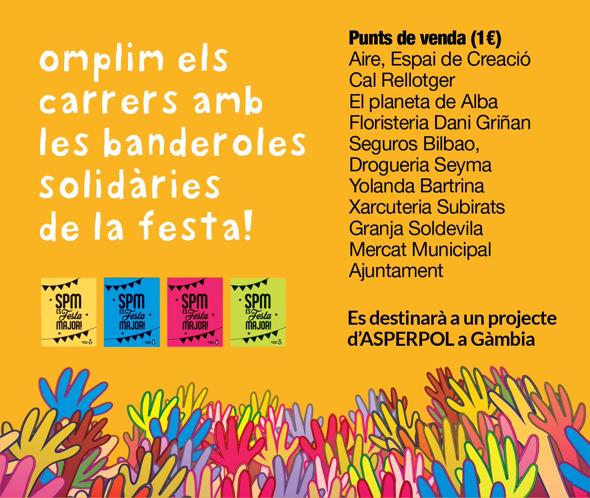 ajuntamentSPM's tweet photo. [NOTICIA] A la venda les banderoles solidàries de la #FMSPM2019, en favor d'un projecte d' #ASPERPOL a una escola de #Gàmbia @policiaSPM 

👉🏾+ info https://t.co/ON5AvBlsex https://t.co/Ja9sYFCurM