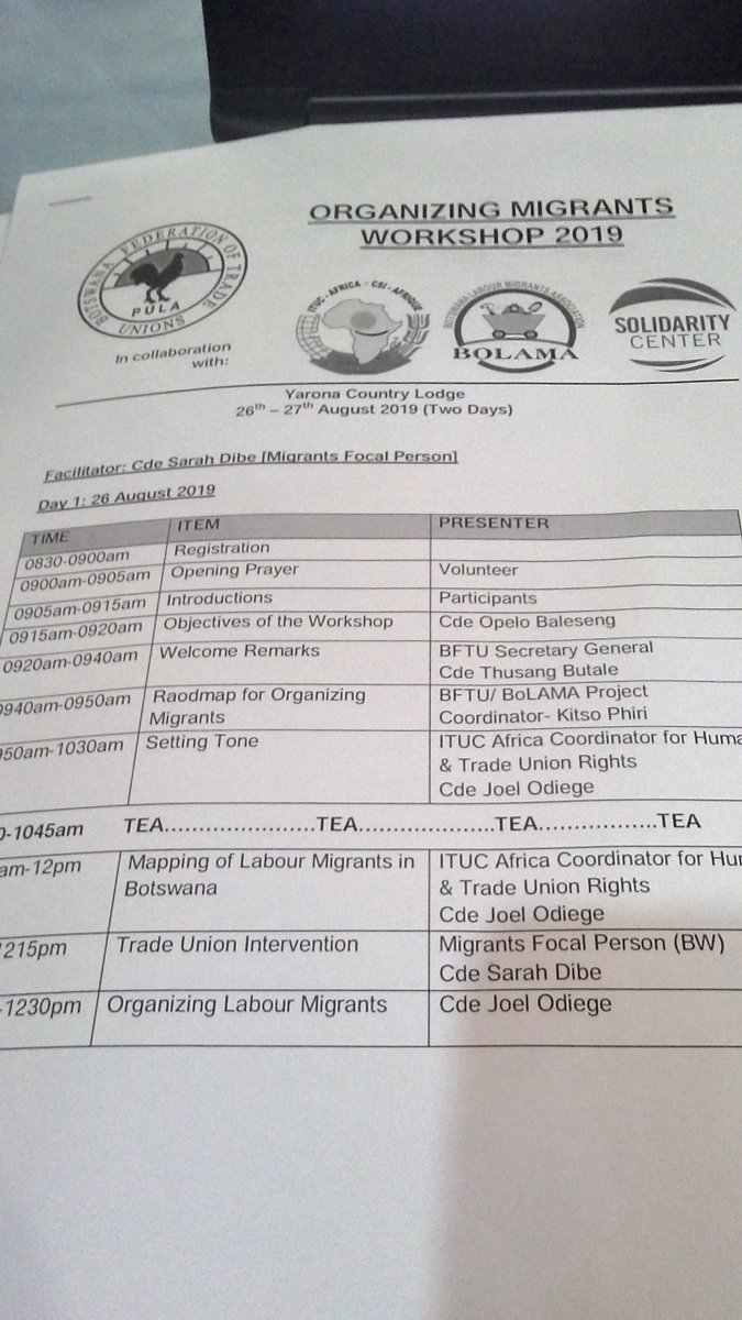 BoLAMA17's tweet photo. #BFTU and @BoLAMA17 have jointly convened a #migration workshop in partnership with @ituc_africa and @SolidarityCntr , the objective is to organize #migrant workers in Botswana. 

#ForMigration #humanrights #freedomofassociation https://t.co/Oxe1CnIkKr