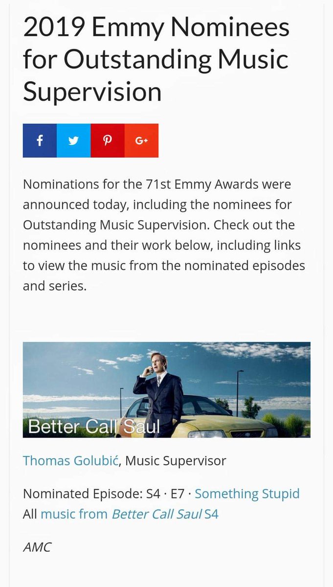 Amazing News!!! 
The Music Supervision of 'Better Call Saul' is nominated for the Emmys(!!) for the episode featuring our cover for the song “something stupid”. 
So honored to be part of this team! 
@ThomasGolubic  ♥ 
@BetterCallSaul
