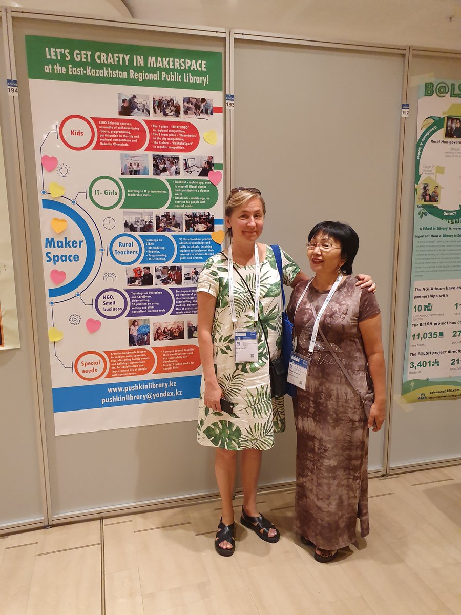 EIFLnet's tweet photo. Great to meet @EIFLnet grantees &amp; learn about new innovations continuing yrs after first sparked by Public Library Innovation Programme grant! @IFLA #WLIC2019
📷EIFL Director, Rima Kupryte &amp; Bibigul Shagiyeva, Dep. Director East Kazakhstan Oblast Puskin Library, at poster exhibit https://t.co/4YkajSqwXT