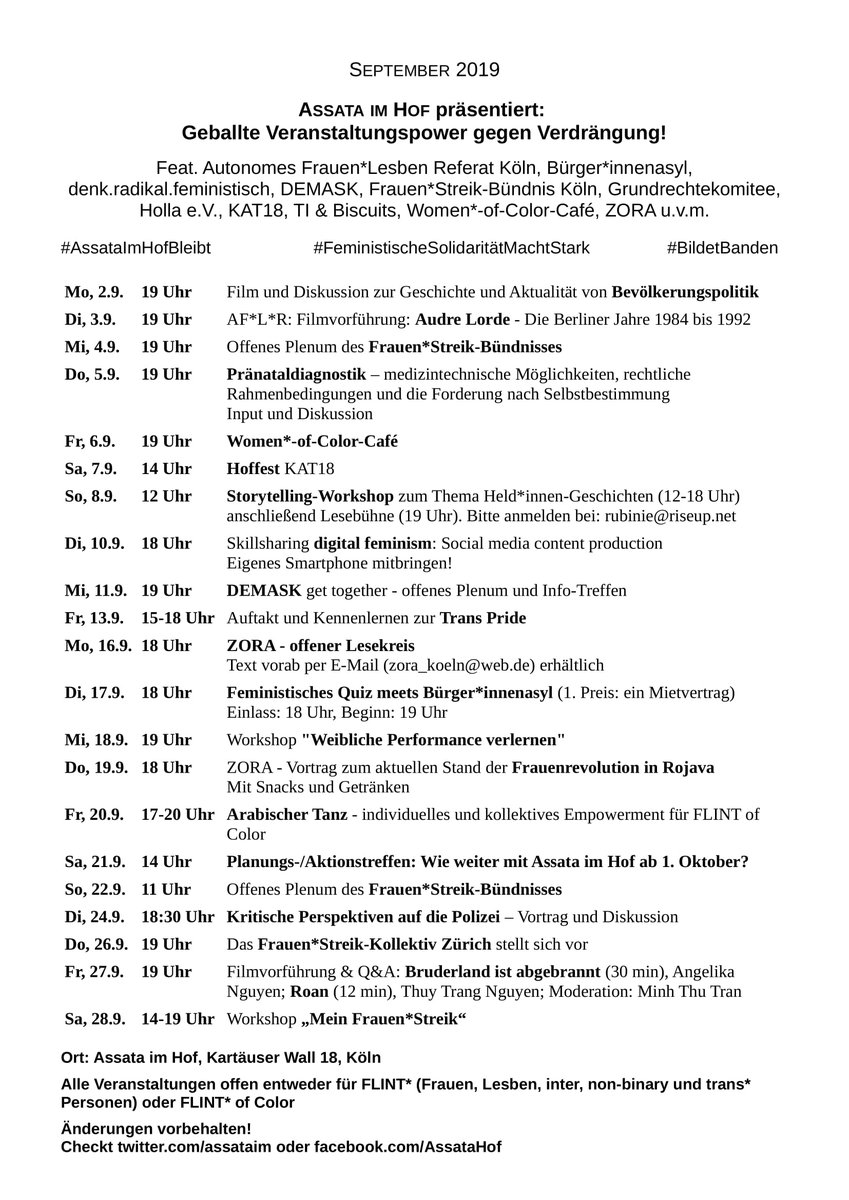 Zusammen mit all diesen tollen Gruppen: Autonomes Frauen*Lesben Referat Köln, Büger*innenasyl, denk.radikal.feministisch, DEMASK, <a href="/streikkoeln/">Frauen*streik Köln</a> <a href="/grundrechte1/">Grundrechtekomitee grundrechtekomitee.bsky.social</a> Holla e.V., TI&amp;Biscuits, @Zora_Koeln Women*-of-Color-Café, KAT18 ist das Program für September möglich