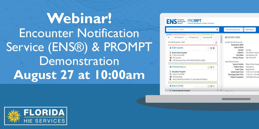 AHCA_FL's tweet photo. Are you interested in improving care coordination, reducing readmissions, or improving patient satisfaction? Join us tomorrow for a webinar to learn about the Florida Health Information Exchange’s Encounter Notification Service (ENS®). Register:  https://t.co/lQYMsG6F62. #ENS https://t.co/ZdGEDconbc