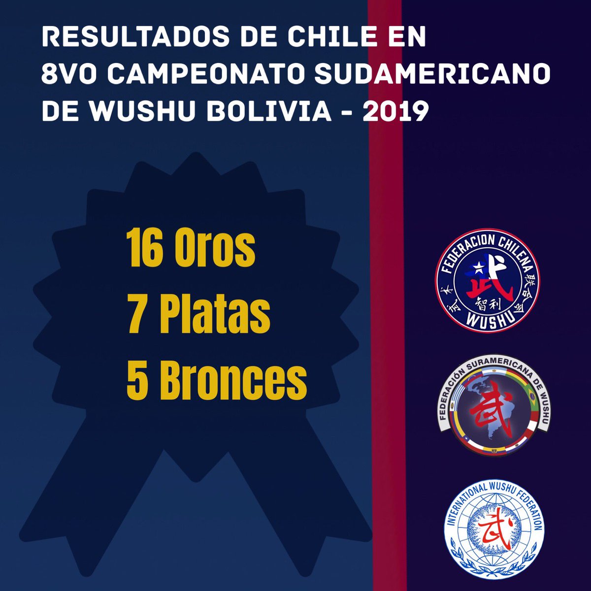 Fedwushuchile's tweet photo. Grande Chile
16 Oros 🥇 
7 Platas 🥈 
5 Bronces 🥉 
en el 8vo Sudamericano de Wushu realizado en La Paz,Bolivia(3.600 mts de altura)
Todo autofinanciado! 
RT a esta gran noticia de nuestro deporte chileno. 
#wushualCOCH
@IWUFOfficial @INDChileOficial @MindepChile  @clinicaMEDS https://t.co/6fk4fRVCdS