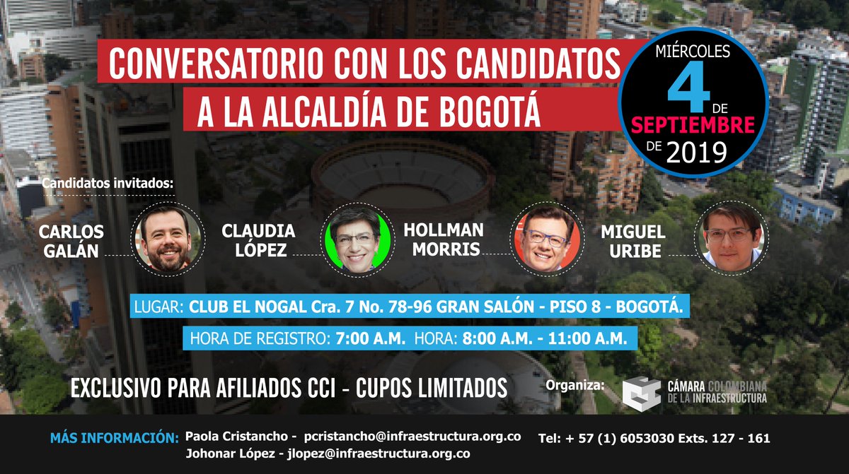 camaradelainfra's tweet photo. #EventosCCI El próximo 4 de septiembre tendremos un conversatorio con cuatro candidatos a la Alcaldía de Bogotá para conocer sus propuestas puntuales para movilidad de la ciudad. Asegure su cupo en este es evento exclusivo para afiliados a la CCI. https://t.co/LqyLXYtLux