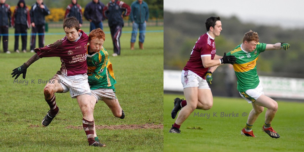 Isn't this deadly. Slaughtneil's Cormac O'Doherty and Glen's Conor Comvery pictured on the left during a Feile game in 2009, and ten years later in a league decider last week. Class work by one of my top 25 favourite relatives <a href="/MKBurke1/">Mary K Burke</a> 😁 #GAA