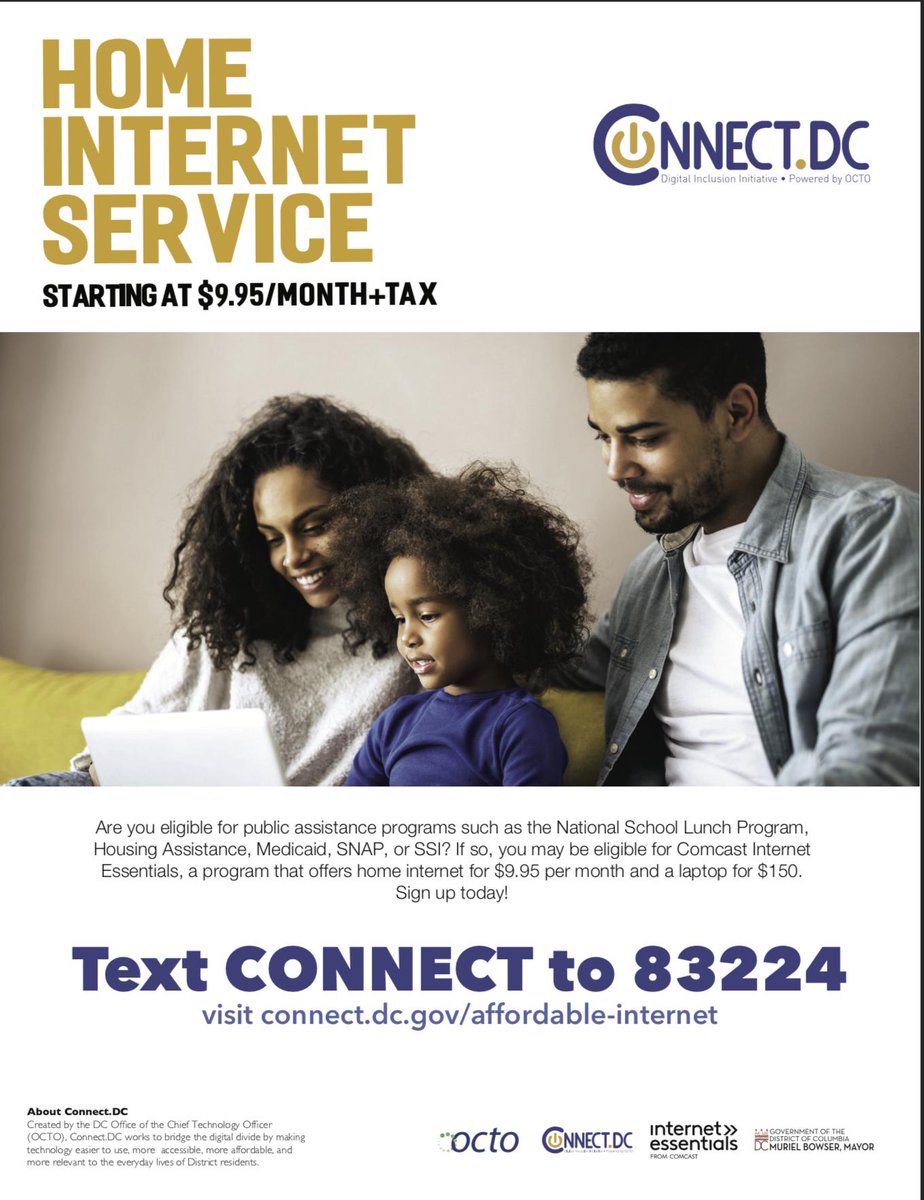 TechTogetherDC's tweet image. 🗣District of Columbia parents, having at-home internet allows your children to do their nightly assignments with greater ease. 

Text CONNECT to 83224 for more info about low-cost internet for less than $10/month and a $150 voucher for a computer. 

#EveryDayCounts #BacktoDCPS