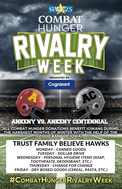 Ankeny_Hawks's tweet photo. Great Opportunity to give to others during Combat Hunger Rivalry Week. Don't forget to do your part each day this week! #TrustFamilyBelieveHawks #CombatHungerRivalryWeek https://t.co/pki1CG6m7a