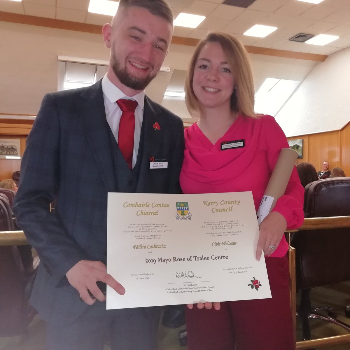 AgritechA's tweet photo. Congratulations to all of the #Roseoftralee centres who attended #kerrycountycouncil Chambers earlier today for a civic reception. Jamie and Zoe flying the flag for Mayo. https://t.co/pcKqc8hfLQ