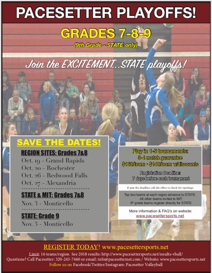 2019 MN State & Region Playoff sites and dates are set! More info & online registration: pacesettersports.net/mn-championshi… #minnesotavolleyball #volleyballgirls #minnesota