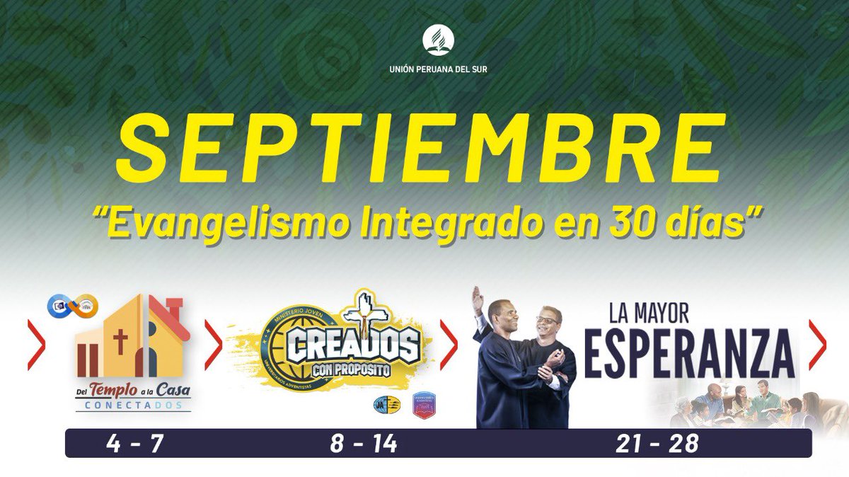 #EvangelismoDePrimavera!!!

En todo el oriente, centro y sur del  Perú 🇵🇪 en tres fases:

1️⃣ Del templo a la casa / 04 al 07 
2️⃣ Clubes de conquistadores/ 8 al 14 
3️⃣ Semana de la Esperanza / 21 al 28

Juntos y #conecta2🔌 
<a href="/EnzoChavez/">Enzo Chávez</a> <a href="/BogerJr/">Herbert Boger Jr</a> 
#Los300DeGedeón
#LaMayorEsperanza