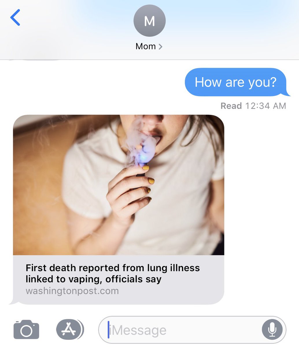 A2MMother's tweet photo. My mom really wants me to quit vaping...

#momtexts #accordingtomymother https://t.co/Zf5P9Zxotu
