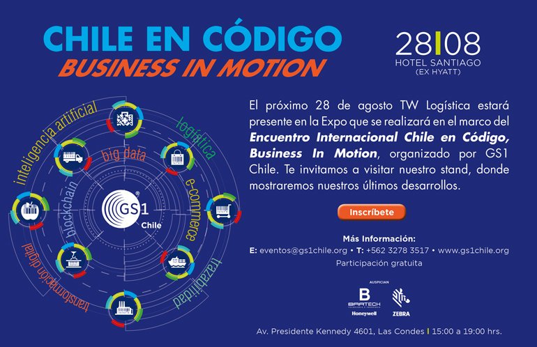 Este miércoles 28 de Agosto participaremos en la "Expo Chile en Código" 2019, en el  <a href="/Hotel_Santiago_/">Hotel Santiago</a> de #Lascondes. Asiste y conócenos, somo tu Partner logístico que necesitas, llevando la logística al próximo nivel.  Inscríbete en: bit.ly/2Lnn1Nv. Organiza: <a href="/GS1Chile/">GS1 Chile</a>