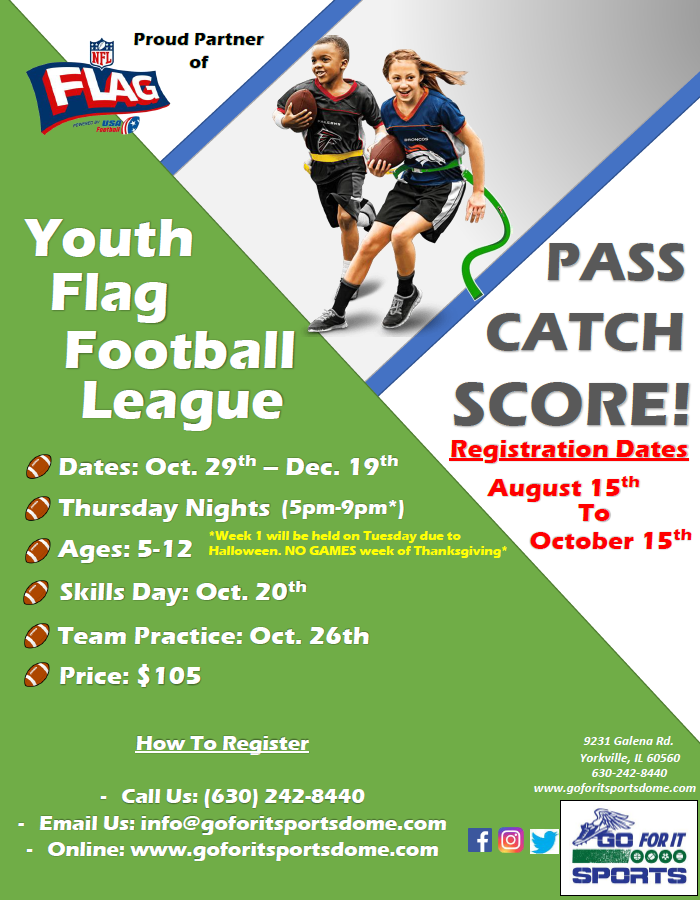 GFISDome's tweet photo. PASS! CATCH! SCORE! Our Fall Youth Indoor Flag Football League is now open for registration! Games begin the week of October 28th and will run through December 19th. All players will receive their own flag belt with flags as well as an NFLFLAG Reversible Jersey! Register TODAY! https://t.co/EkH0vQjdyL